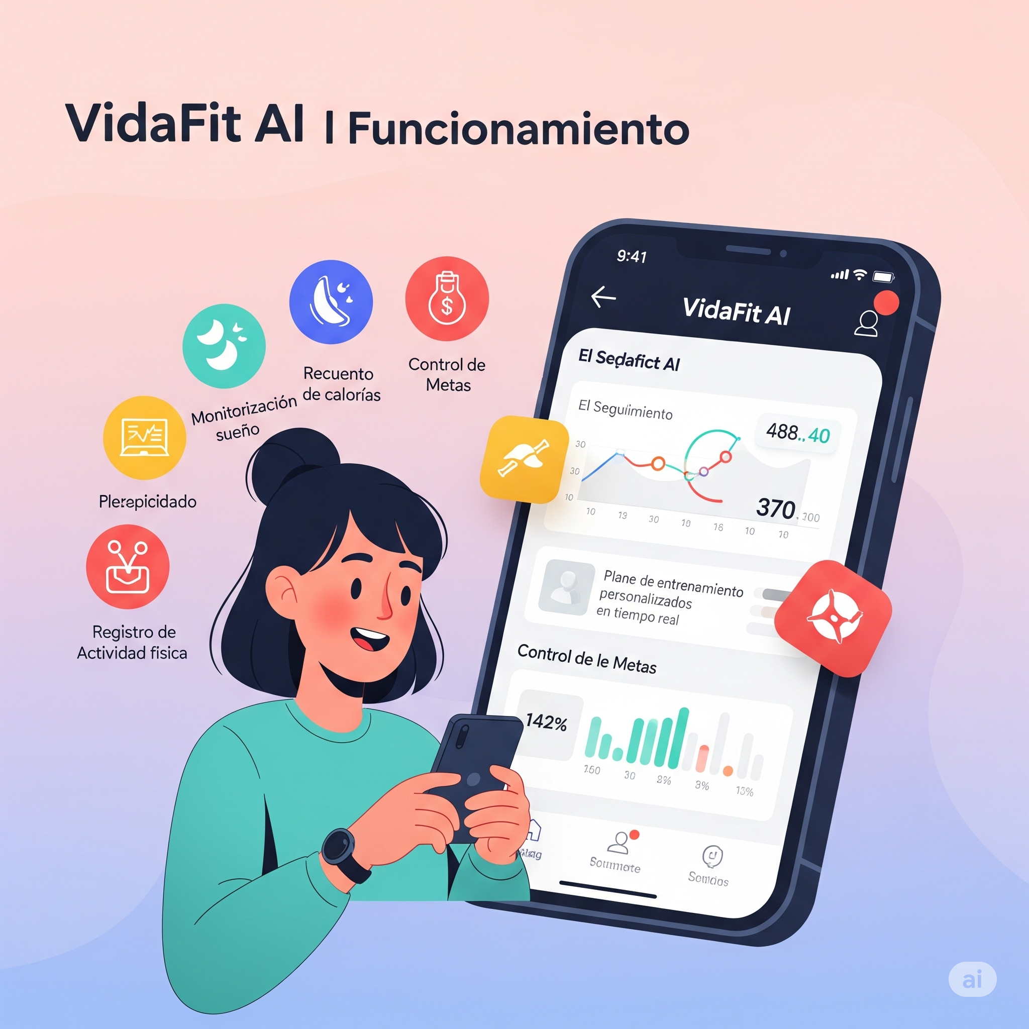 Ilustración de cómo funciona VidaFit AI: Un diagrama de flujo de datos con IA