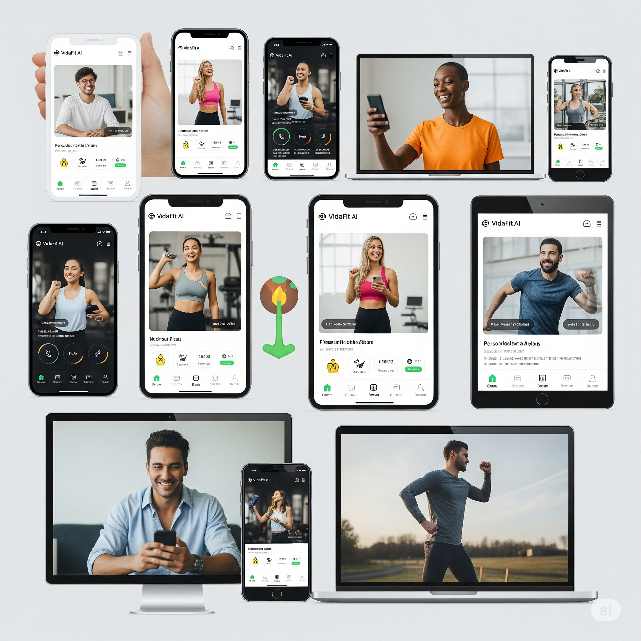Dispositivos mostrando la app VidaFit AI: Teléfonos móviles con la interfaz de la aplicación